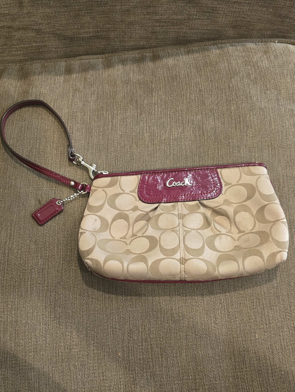 Vintage Coach Signature C-Print Pleated Wristlet with Burgundy Patent Trim